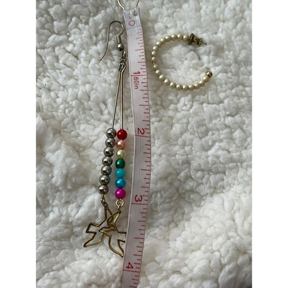 Vintage Silver Tone Beaded Dangle Bird Earrings & Semi Hoop Cream Bead Earrings - Picture 8 of 10